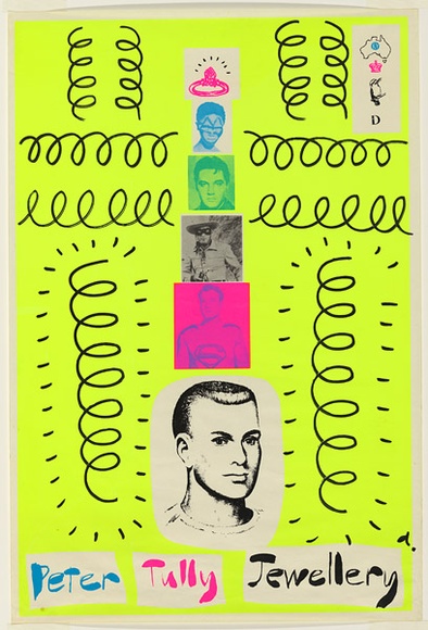 Artist: b'McDiarmid, David.' | Title: b'Peter Tully Jewellery' | Date: 1979 | Technique: b'screenprint, printed in colour, from multiple stencil; colour fibre-tipped pen additions' Artist: b'McDiarmid, David.' | Title: b'Peter Tully Jewellery' | Date: 1979 | Technique: b'screenprint, printed in colour, from multiple stencil; colour fibre-tipped pen additions'