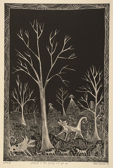 Artist: b'Brown, Donna.' | Title: b'Look out or the gounge will get ya' | Date: 1995, June | Technique: b'etching, relief-printed in black ink, from one plate' Artist: b'Brown, Donna.' | Title: b'Look out or the gounge will get ya' | Date: 1995, June | Technique: b'etching, relief-printed in black ink, from one plate'