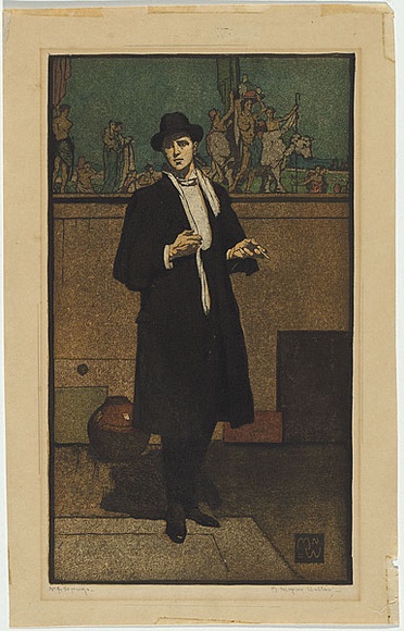 Artist: b'Waller, M. Napier.' | Title: b'The man in black.' | Date: 1925 | Technique: b'linocut, printed in colour, from multiple blocks' Artist: b'Waller, M. Napier.' | Title: b'The man in black.' | Date: 1925 | Technique: b'linocut, printed in colour, from multiple blocks'