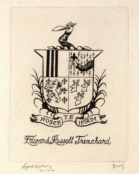 Artist: b'LINDSAY, Lionel' | Title: b'Book plate: Russell Trenchard' | Date: 1951 | Technique: b'etching, printed in black ink, from one plate' | Copyright: b'Courtesy of the National Library of Australia' Artist: b'LINDSAY, Lionel' | Title: b'Book plate: Russell Trenchard' | Date: 1951 | Technique: b'etching, printed in black ink, from one plate' | Copyright: b'Courtesy of the National Library of Australia'