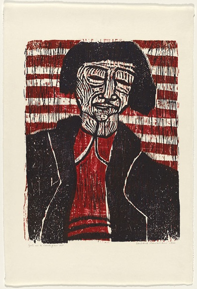 Artist: b'HANRAHAN, Barbara' | Title: b'Girl in a cardigan' | Date: 1962 | Technique: b'woodcut, printed in colour, from two blocks' Artist: b'HANRAHAN, Barbara' | Title: b'Girl in a cardigan' | Date: 1962 | Technique: b'woodcut, printed in colour, from two blocks'