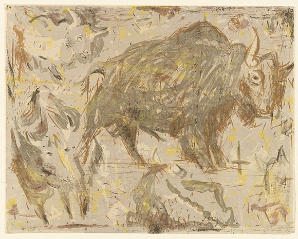 Artist: b'MACQUEEN, Mary' | Title: b'Bison' | Date: 1974 | Technique: b'lithograph, printed in colour on recto and verso, from multiple plates' | Copyright: b'Courtesy Paulette Calhoun, for the estate of Mary Macqueen' Artist: b'MACQUEEN, Mary' | Title: b'Bison' | Date: 1974 | Technique: b'lithograph, printed in colour on recto and verso, from multiple plates' | Copyright: b'Courtesy Paulette Calhoun, for the estate of Mary Macqueen'