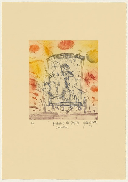 Artist: b'Olsen, John.' | Title: b'Beckett and the gypsy caravan' | Date: 1991 | Technique: b'etching, aquatint, printed in colour with plate-tone, from one plate' | Copyright: b'\xc2\xa9 John Olsen. Licensed by VISCOPY, Australia' Artist: b'Olsen, John.' | Title: b'Beckett and the gypsy caravan' | Date: 1991 | Technique: b'etching, aquatint, printed in colour with plate-tone, from one plate' | Copyright: b'\xc2\xa9 John Olsen. Licensed by VISCOPY, Australia'