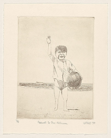 Artist: b'Hall, Wayne.' | Title: b'Farewell to this millennium' | Date: 1999 | Technique: b'etching, printed in sepia ink, from one plate' Artist: b'Hall, Wayne.' | Title: b'Farewell to this millennium' | Date: 1999 | Technique: b'etching, printed in sepia ink, from one plate'