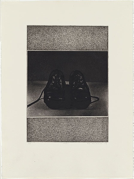 Artist: b'MADDOCK, Bea' | Title: b'Shoes' | Date: 1974 | Technique: b'etching, photo-etching and aquatint, printed in black ink, from two plates' Artist: b'MADDOCK, Bea' | Title: b'Shoes' | Date: 1974 | Technique: b'etching, photo-etching and aquatint, printed in black ink, from two plates'
