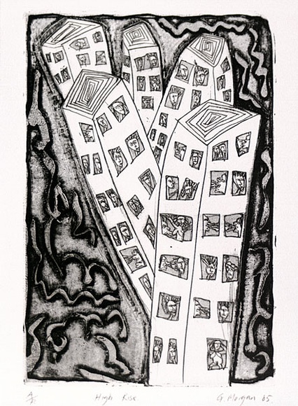 Artist: b'Morgan, Glenn.' | Title: b'High rise' | Date: 1985 | Technique: b'etching and deep bite, printed in black ink with plate-tone, from one plate' Artist: b'Morgan, Glenn.' | Title: b'High rise' | Date: 1985 | Technique: b'etching and deep bite, printed in black ink with plate-tone, from one plate'