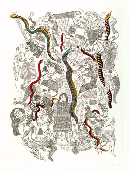 Artist: b'HANRAHAN, Barbara' | Title: b'Snakes and ladders' | Date: 1978 | Technique: b'etching, printed in black ink with plate-tone' Artist: b'HANRAHAN, Barbara' | Title: b'Snakes and ladders' | Date: 1978 | Technique: b'etching, printed in black ink with plate-tone'