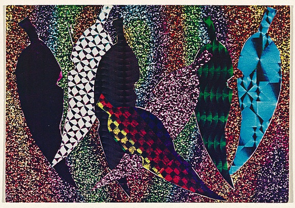 Artist: b'McDiarmid, David.' | Title: b'Postcard (Leaves)' | Date: 1985 | Technique: b'screenprint, printed in colour, from multiple stencils; collage' | Copyright: b'Courtesy of copyright owner, Merlene Gibson (sister)' Artist: b'McDiarmid, David.' | Title: b'Postcard (Leaves)' | Date: 1985 | Technique: b'screenprint, printed in colour, from multiple stencils; collage' | Copyright: b'Courtesy of copyright owner, Merlene Gibson (sister)'