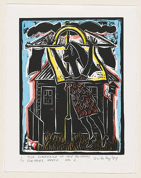 Artist: b'Sibley, Andrew.' | Title: b'The madonna of the rotary clothes hoist no. 2' | Date: 1999 | Technique: b'linocut, printed in black ink, from one block; hand-coloured' Artist: b'Sibley, Andrew.' | Title: b'The madonna of the rotary clothes hoist no. 2' | Date: 1999 | Technique: b'linocut, printed in black ink, from one block; hand-coloured'