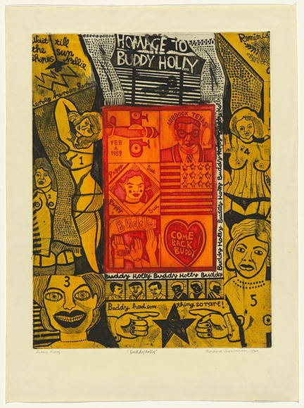 Artist: b'HANRAHAN, Barbara' | Title: b'<p>Buddy Holly</p>' | Date: 1967 | Technique: b'etching, printed in colour from two plates' Artist: b'HANRAHAN, Barbara' | Title: b'<p>Buddy Holly</p>' | Date: 1967 | Technique: b'etching, printed in colour from two plates'