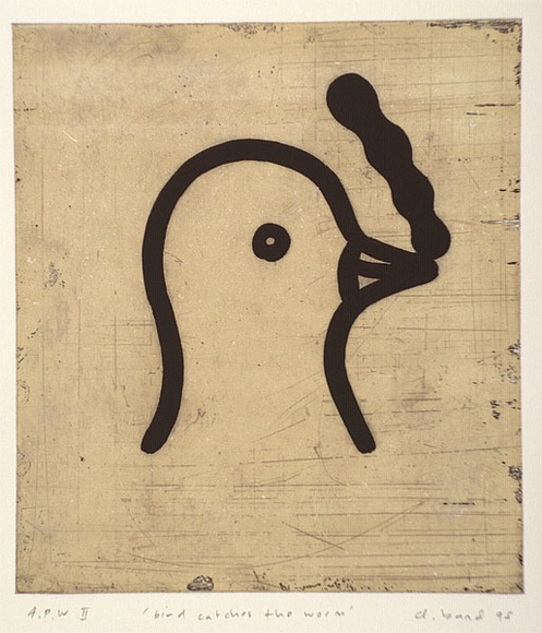 Artist: b'Band, David.' | Title: b'Bird catches the worm' | Date: 1995, August | Technique: b'etching, lift-ground and aquatint, viscosity printed in colour, from two plates' Artist: b'Band, David.' | Title: b'Bird catches the worm' | Date: 1995, August | Technique: b'etching, lift-ground and aquatint, viscosity printed in colour, from two plates'