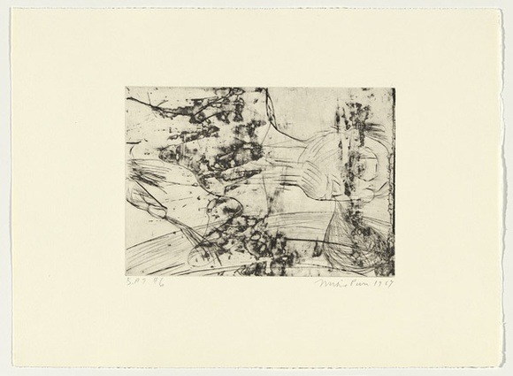 Artist: b'PARR, Mike' | Title: b'Gun into vanishing point 6' | Date: 1988-89 | Technique: b'drypoint and foul biting, printed in black ink, from one copper plate' Artist: b'PARR, Mike' | Title: b'Gun into vanishing point 6' | Date: 1988-89 | Technique: b'drypoint and foul biting, printed in black ink, from one copper plate'
