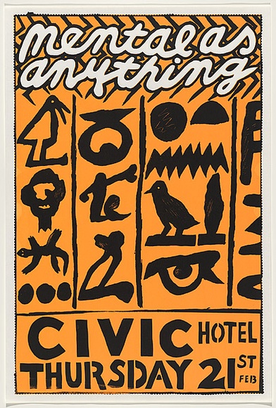 Artist: b'WORSTEAD, Paul' | Title: b'Mental as anything - Civic Hotel' | Date: 1980 | Technique: b'screenprint, printed in colour, from two stencils in pink and black ink' | Copyright: b'This work appears on screen courtesy of the artist' Artist: b'WORSTEAD, Paul' | Title: b'Mental as anything - Civic Hotel' | Date: 1980 | Technique: b'screenprint, printed in colour, from two stencils in pink and black ink' | Copyright: b'This work appears on screen courtesy of the artist'
