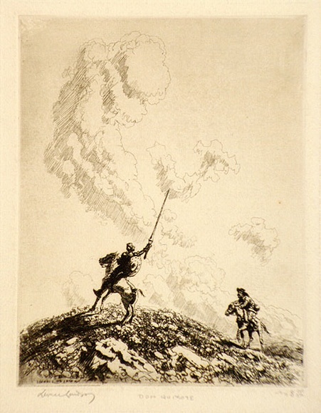 Artist: b'LINDSAY, Lionel' | Title: b'Don Quixote' | Date: 1922 | Technique: b'etching, printed in brown ink with plate-tone, from one plate' | Copyright: b'Courtesy of the National Library of Australia' Artist: b'LINDSAY, Lionel' | Title: b'Don Quixote' | Date: 1922 | Technique: b'etching, printed in brown ink with plate-tone, from one plate' | Copyright: b'Courtesy of the National Library of Australia'