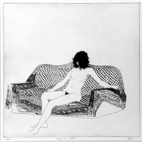 Artist: b'Daws, Lawrence.' | Title: b'Girl on a sofa.' | Date: 1978 | Technique: b'etching and aquatint, printed in black ink, from one plate' | Copyright: b'\xc2\xa9 Lawrence Daws' Artist: b'Daws, Lawrence.' | Title: b'Girl on a sofa.' | Date: 1978 | Technique: b'etching and aquatint, printed in black ink, from one plate' | Copyright: b'\xc2\xa9 Lawrence Daws'