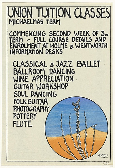 Artist: b'LITTLE, Colin' | Title: b'Union tuition classes Michaelmas term' | Date: 1976 | Technique: b'screenprint, printed in colour, from three stencils' Artist: b'LITTLE, Colin' | Title: b'Union tuition classes Michaelmas term' | Date: 1976 | Technique: b'screenprint, printed in colour, from three stencils'