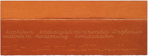 Artist: b'MADDOCK, Bea' | Title: b'Terra Spiritus...with a darker shade of pale' | Date: 1993-98 | Technique: b'stencil print, printed in hand-ground Launceston ochre from multiple hand-cut mylar stencils; letterpress text blind printed; hand-drawn script' Artist: b'MADDOCK, Bea' | Title: b'Terra Spiritus...with a darker shade of pale' | Date: 1993-98 | Technique: b'stencil print, printed in hand-ground Launceston ochre from multiple hand-cut mylar stencils; letterpress text blind printed; hand-drawn script'