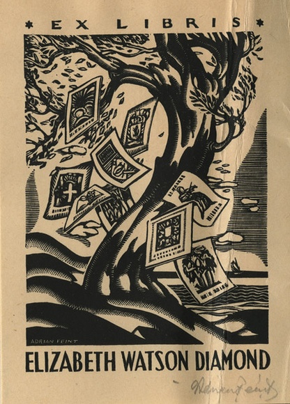 Artist: b'FEINT, Adrian' | Title: b'Bookplate: Elizabeth Watson Diamond.' | Date: (1938) | Technique: b'wood-engraving, printed in black ink, from one block' | Copyright: b'Courtesy the Estate of Adrian Feint' Artist: b'FEINT, Adrian' | Title: b'Bookplate: Elizabeth Watson Diamond.' | Date: (1938) | Technique: b'wood-engraving, printed in black ink, from one block' | Copyright: b'Courtesy the Estate of Adrian Feint'