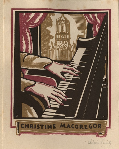 Artist: b'FEINT, Adrian' | Title: b'Bookplate: Christine MacGregor.' | Date: (1937) | Technique: b'wood-engraving, printed in colour, from three blocks' | Copyright: b'Courtesy the Estate of Adrian Feint' Artist: b'FEINT, Adrian' | Title: b'Bookplate: Christine MacGregor.' | Date: (1937) | Technique: b'wood-engraving, printed in colour, from three blocks' | Copyright: b'Courtesy the Estate of Adrian Feint'