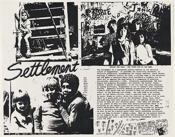 Artist: b'WORSTEAD, Paul' | Title: b'Settlement promo - Across the park.' | Date: 1976 | Technique: b'screenprint, printed in black ink, from one stencil,' | Copyright: b'This work appears on screen courtesy of the artist' Artist: b'WORSTEAD, Paul' | Title: b'Settlement promo - Across the park.' | Date: 1976 | Technique: b'screenprint, printed in black ink, from one stencil,' | Copyright: b'This work appears on screen courtesy of the artist'