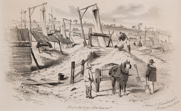 Artist: b'GILL, S.T.' | Title: b'Deep sinking, Ballarat.' | Date: 1855-56 | Technique: b'lithograph, printed in black ink, from one stone'