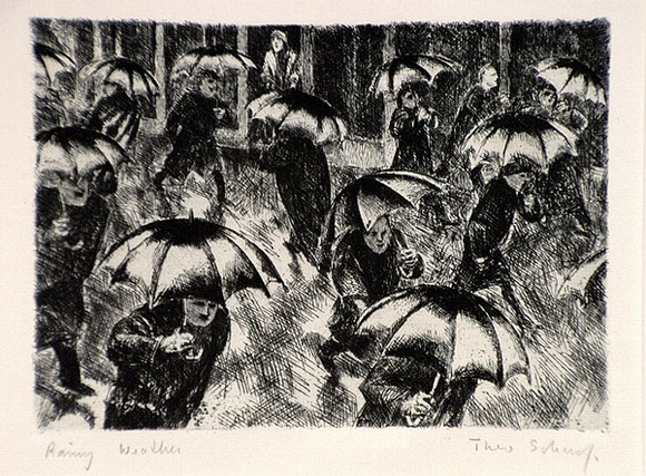 Artist: b'Scharf, Theo.' | Title: b'Rainy weather.' | Date: (1922-23) | Technique: b'etching and aquatint, printed in black ink, from one plate' | Copyright: b'\xc2\xa9 The Estate of Theo Scharf.' Artist: b'Scharf, Theo.' | Title: b'Rainy weather.' | Date: (1922-23) | Technique: b'etching and aquatint, printed in black ink, from one plate' | Copyright: b'\xc2\xa9 The Estate of Theo Scharf.'
