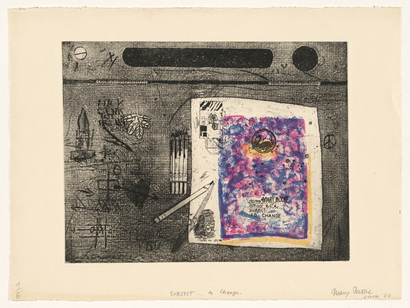 Artist: b'Moore, Mary.' | Title: b'Subject...to change' | Date: 1979 | Technique: b'etching, printed in black ink, from one plate and lithograph, printed in colour, from three plates' | Copyright: b'\xc2\xa9 Mary Moore' Artist: b'Moore, Mary.' | Title: b'Subject...to change' | Date: 1979 | Technique: b'etching, printed in black ink, from one plate and lithograph, printed in colour, from three plates' | Copyright: b'\xc2\xa9 Mary Moore'