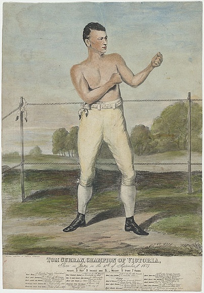 Artist: b'Woodhouse, Frederick.' | Title: b'Tom Curran, champion of Victoria.' | Date: (1860) | Technique: b'chalk-lithograph and pen-lithograph, printed in black ink, from one stone; hand-coloured' Artist: b'Woodhouse, Frederick.' | Title: b'Tom Curran, champion of Victoria.' | Date: (1860) | Technique: b'chalk-lithograph and pen-lithograph, printed in black ink, from one stone; hand-coloured'