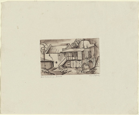 Artist: b'Jack, Kenneth.' | Title: b'Hotel outbuildings, Berwick' | Date: 1953 | Technique: b'line-engraving, printed in relief in black ink, from one perspex plate' | Copyright: b'\xc2\xa9 Kenneth Jack. Licensed by VISCOPY, Australia' Artist: b'Jack, Kenneth.' | Title: b'Hotel outbuildings, Berwick' | Date: 1953 | Technique: b'line-engraving, printed in relief in black ink, from one perspex plate' | Copyright: b'\xc2\xa9 Kenneth Jack. Licensed by VISCOPY, Australia'