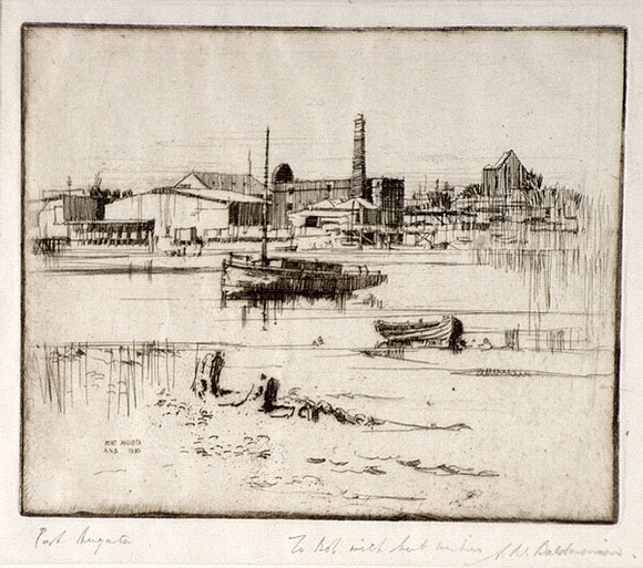 Artist: b'Baldwinson, Arthur.' | Title: b'Port Augusta from the west side.' | Date: 1930 | Technique: b'etching, aquatint printed in brown ink, from one copper plate' Artist: b'Baldwinson, Arthur.' | Title: b'Port Augusta from the west side.' | Date: 1930 | Technique: b'etching, aquatint printed in brown ink, from one copper plate'