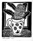 Artist: Kingston, Amie. | Title: Birthday card for Jocelyn: Jug of banksia flowers | Date: 1987 | Technique: linocut, printed in black ink, from one block