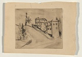 Title: not titled [village with palm and telegraph pole] | Technique: etching, printed in brown ink, from one plate