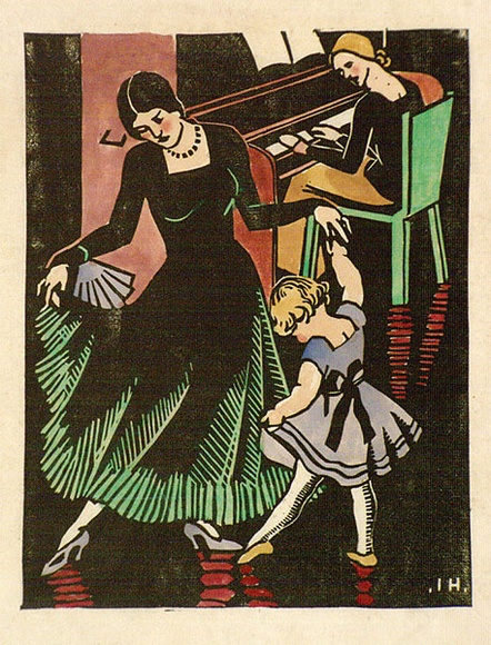 Artist: b'Huntley, Isabel.' | Title: b'Dancing lesson' | Date: (1931) | Technique: b'linocut, printed in black ink, from one block; hand-coloured' | Copyright: b'\xc2\xa9 Estate of Isabel Huntley, Douglas Huntley' Artist: b'Huntley, Isabel.' | Title: b'Dancing lesson' | Date: (1931) | Technique: b'linocut, printed in black ink, from one block; hand-coloured' | Copyright: b'\xc2\xa9 Estate of Isabel Huntley, Douglas Huntley'