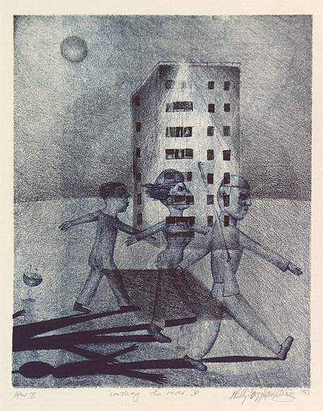 Artist: b'Doggett-Williams, Phillip.' | Title: b'Crossing the river VI' | Date: 1993 | Technique: b'lithograph, printed in colour, from two stones (black and blue)' Artist: b'Doggett-Williams, Phillip.' | Title: b'Crossing the river VI' | Date: 1993 | Technique: b'lithograph, printed in colour, from two stones (black and blue)'