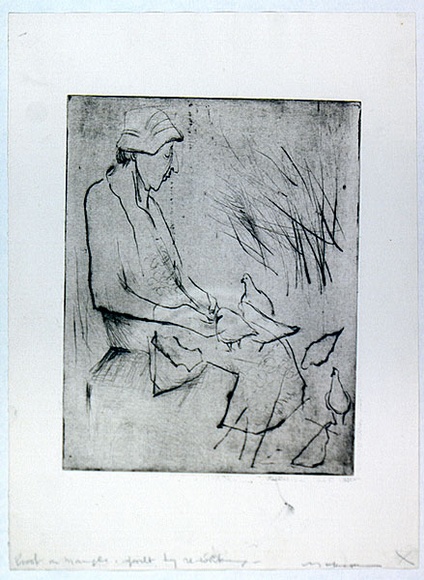 Artist: b'MACQUEEN, Mary' | Title: b'Old lady feeding pigeons, Kings Cross' | Date: c.1969 | Technique: b'drypoint, printed in black ink with plate-tone, from one plate' | Copyright: b'Courtesy Paulette Calhoun, for the estate of Mary Macqueen' Artist: b'MACQUEEN, Mary' | Title: b'Old lady feeding pigeons, Kings Cross' | Date: c.1969 | Technique: b'drypoint, printed in black ink with plate-tone, from one plate' | Copyright: b'Courtesy Paulette Calhoun, for the estate of Mary Macqueen'