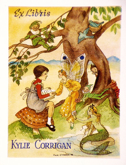 Artist: bO'Harris, Pixie | Title: b'Bookplate: Kylie Corrigan' | Date: 1978 | Technique: b'letterpress, printed in colour, from multiple blocks' Artist: bO'Harris, Pixie | Title: b'Bookplate: Kylie Corrigan' | Date: 1978 | Technique: b'letterpress, printed in colour, from multiple blocks'