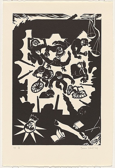 Artist: b'White, Susan Dorothea.' | Title: b'Massacre' | Date: 1989 | Technique: b'woodcut, printed in black ink, from one block' Artist: b'White, Susan Dorothea.' | Title: b'Massacre' | Date: 1989 | Technique: b'woodcut, printed in black ink, from one block'