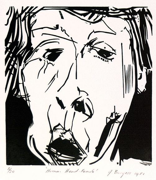 Artist: b'Burgess, Jeff.' | Title: b'Human head, female.' | Date: 1981 | Technique: b'linocut, printed in black ink, from one block'