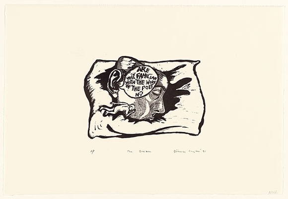 Artist: b'Carrington, Berenice.' | Title: b'The dream' | Date: 1991 | Technique: b'linocut, printed in black ink, from one block' Artist: b'Carrington, Berenice.' | Title: b'The dream' | Date: 1991 | Technique: b'linocut, printed in black ink, from one block'