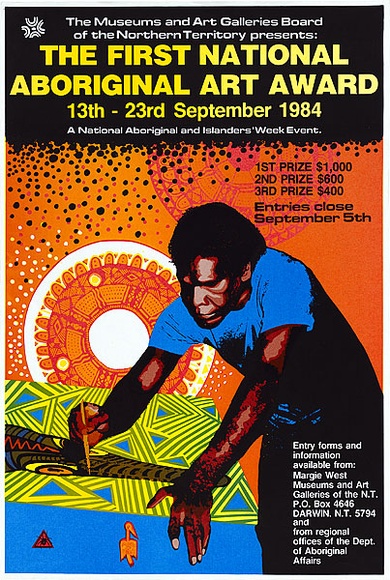 Artist: b'REDBACK GRAPHIX' | Title: b'The first national Aboriginal art award' | Date: 1984 | Technique: b'screenprint, printed in colour, from six stencils' | Copyright: b'\xc2\xa9 Raymond John Young' Artist: b'REDBACK GRAPHIX' | Title: b'The first national Aboriginal art award' | Date: 1984 | Technique: b'screenprint, printed in colour, from six stencils' | Copyright: b'\xc2\xa9 Raymond John Young'