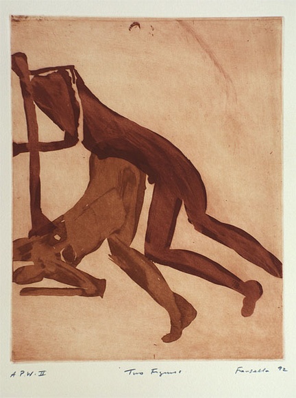 Artist: b'Fransella, Graham.' | Title: b'Two figures' | Date: 1992 | Technique: b'etching, aquatint and open-bite, printed in colour, from two plates' | Copyright: b'Courtesy of the artist' Artist: b'Fransella, Graham.' | Title: b'Two figures' | Date: 1992 | Technique: b'etching, aquatint and open-bite, printed in colour, from two plates' | Copyright: b'Courtesy of the artist'