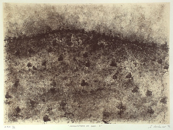 Artist: b'Lankester, Jo.' | Title: b'Mutawinttee at dusk I' | Date: 1996, July | Technique: b'lithograph, printed in black ink, from one stone; cream tint' Artist: b'Lankester, Jo.' | Title: b'Mutawinttee at dusk I' | Date: 1996, July | Technique: b'lithograph, printed in black ink, from one stone; cream tint'