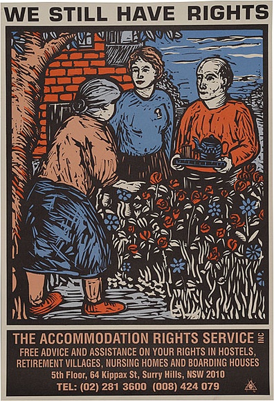Artist: b'REDBACK GRAPHIX' | Title: b'We still have rights' | Date: 1990 | Technique: b'offset-lithograph, printed in colour, from multiple plates; from original linocut print' Artist: b'REDBACK GRAPHIX' | Title: b'We still have rights' | Date: 1990 | Technique: b'offset-lithograph, printed in colour, from multiple plates; from original linocut print'