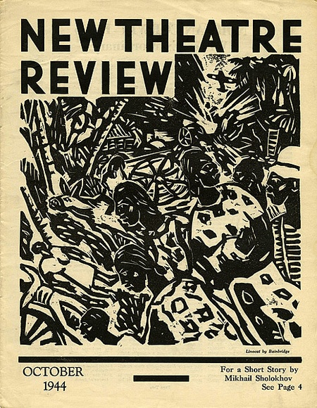 Title: b'New theatre review: October 1944' | Date: September 1944 | Technique: b'linocut, printed in black ink, from one block; letterpress text' Title: b'New theatre review: October 1944' | Date: September 1944 | Technique: b'linocut, printed in black ink, from one block; letterpress text'