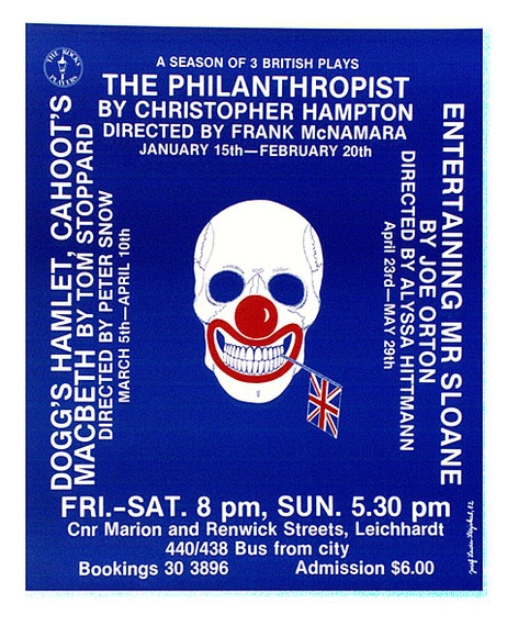 Artist: b'Stejskal, Josef Lada.' | Title: bA season of three British Plays: The Philanthropist; Entertaining Mr Sloane; Dogs Hamlet, Cahoot's Macbeth. ... The Rocks Players. | Date: 1982 | Technique: b'offset-lithograph, printed in black ink, from one plate' Artist: b'Stejskal, Josef Lada.' | Title: bA season of three British Plays: The Philanthropist; Entertaining Mr Sloane; Dogs Hamlet, Cahoot's Macbeth. ... The Rocks Players. | Date: 1982 | Technique: b'offset-lithograph, printed in black ink, from one plate'