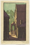 Artist: Cox, Roy. | Title: The Hutchins school, old porch. | Date: 1930 | Technique: linocut, printed in colour, from mutliple blocks