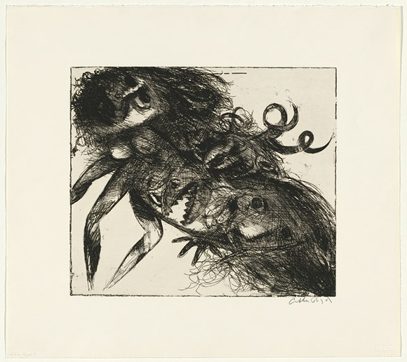 Artist: b'BOYD, Arthur' | Title: b'Double figure with shark head and horns' | Date: 1985 | Technique: b'etching, printed in black ink, from one plate' | Copyright: b'Reproduced with permission of Bundanon Trust' Artist: b'BOYD, Arthur' | Title: b'Double figure with shark head and horns' | Date: 1985 | Technique: b'etching, printed in black ink, from one plate' | Copyright: b'Reproduced with permission of Bundanon Trust'