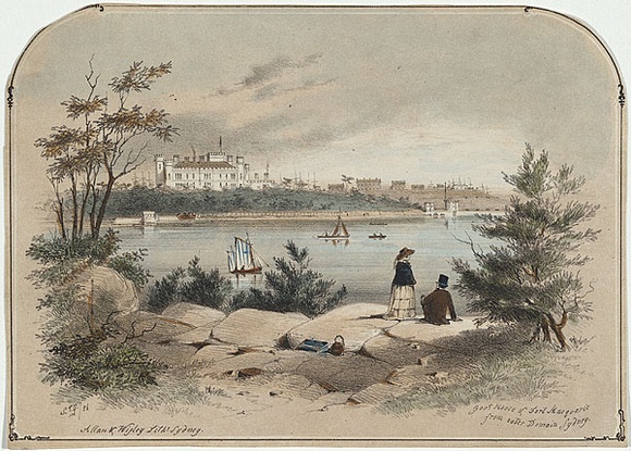 Artist: b'GILL, S.T.' | Title: b'Government House and Fort Macquarie from Outer Domain, Sydney.' | Date: 1856 | Technique: b'lithograph, printed in black ink, from one stone; hand-coloured' Artist: b'GILL, S.T.' | Title: b'Government House and Fort Macquarie from Outer Domain, Sydney.' | Date: 1856 | Technique: b'lithograph, printed in black ink, from one stone; hand-coloured'