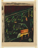 Artist: Black, Dorrit. | Title: Orchestra pit, Theatre Royal. | Date: c.1936 | Technique: linocut, printed in colour, from four blocks