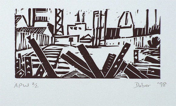 Artist: b'Dober, Mark.' | Title: b'East swanston dock' | Date: 1998 | Technique: b'linocut, printed in black ink, from one block' Artist: b'Dober, Mark.' | Title: b'East swanston dock' | Date: 1998 | Technique: b'linocut, printed in black ink, from one block'